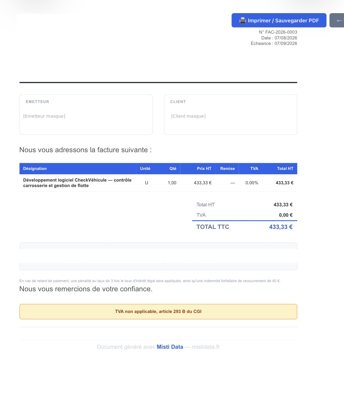 Exemple de facture générée automatiquement avec Misti Data, informations émetteur et client anonymisées