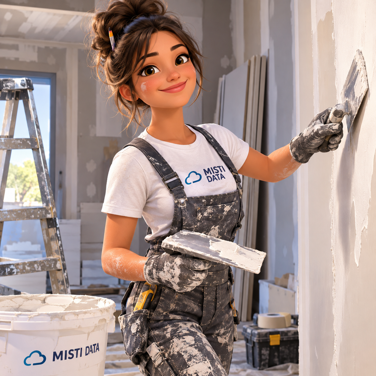 Misti, l'assistante Misti Data, réalise le jointoiement d'une plaque de plâtre sur un chantier de cloison